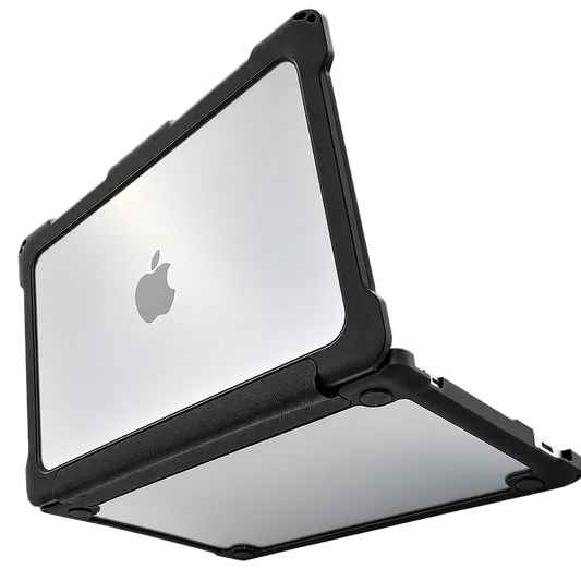 Rugged MacBook Neo hard shell case shown open at an angle from behind — clear frosted top shell with black reinforced edges and corner bumpers.