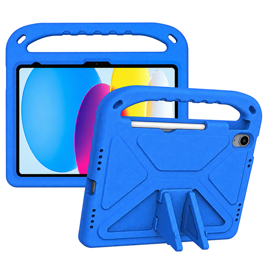 Blue protective iPad case shown from the front and back, with a built-in handle and kickstand, on a plain white background.