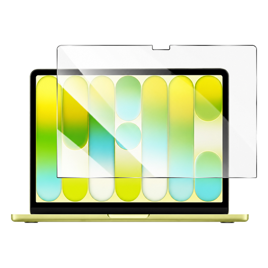 Tempered glass screen protector for MacBook Neo shown floating in front of an open laptop with a bright green and yellow display, with a camera notch cutout at the top edge.
