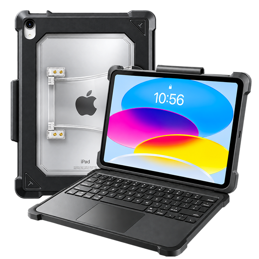 Rugged black iPad 10th/11th generation case with detachable keyboard — front view shown open in laptop mode with trackpad, back view showing clear hard-shell back panel, reinforced corner bumpers, and camera cutout.