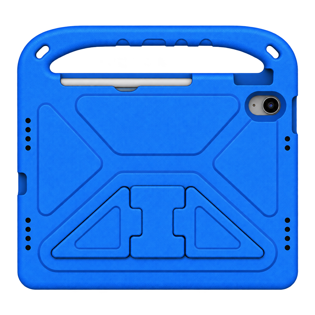A bright blue protective tablet case with a built-in handle, raised camera cutout, and fold-out kickstand on the back, shown on a plain white background.