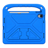 A bright blue protective tablet case with a built-in handle, raised camera cutout, and fold-out kickstand on the back, shown on a plain white background.