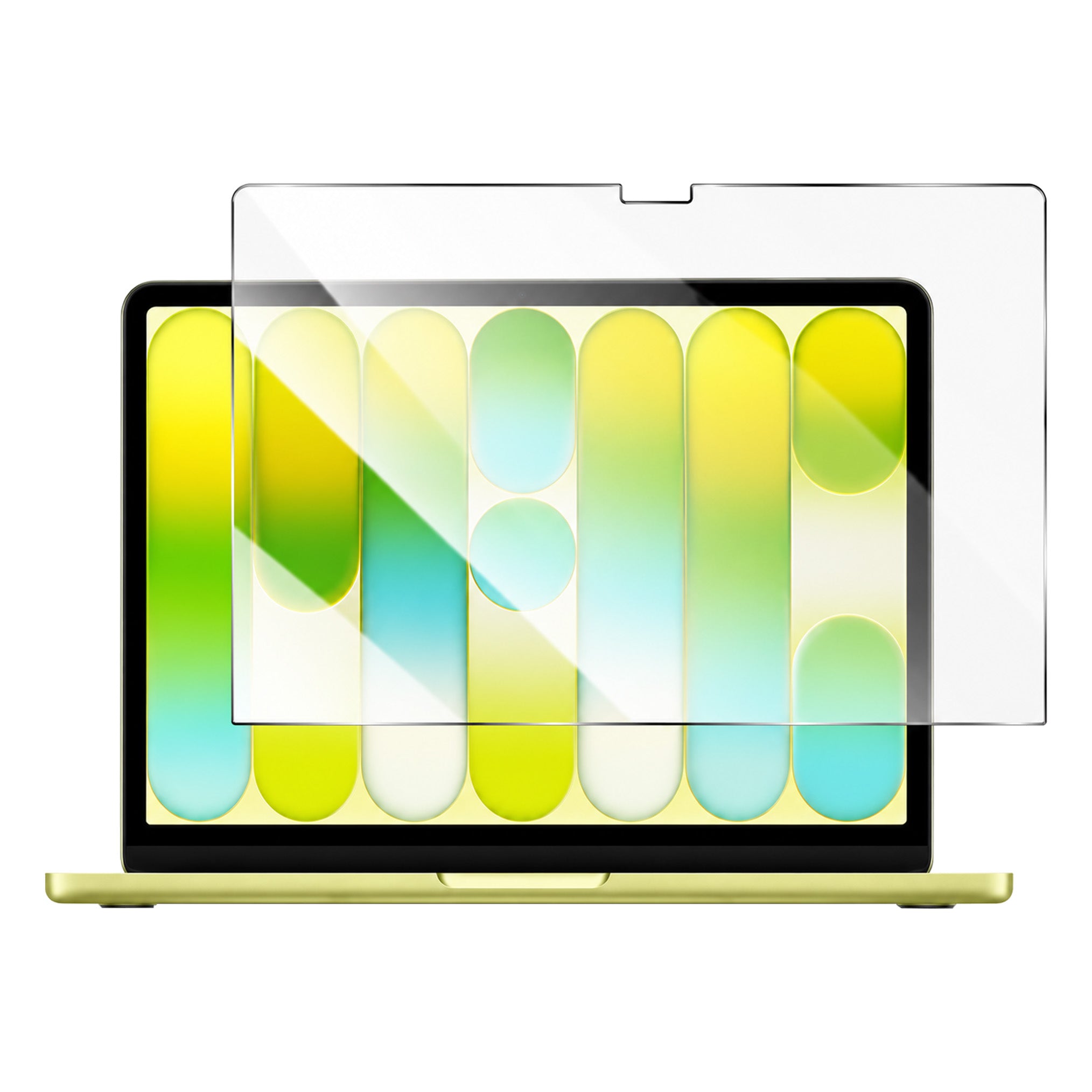 A clear tempered glass screen protector shown partially covering the screen of a gold laptop on a white background.