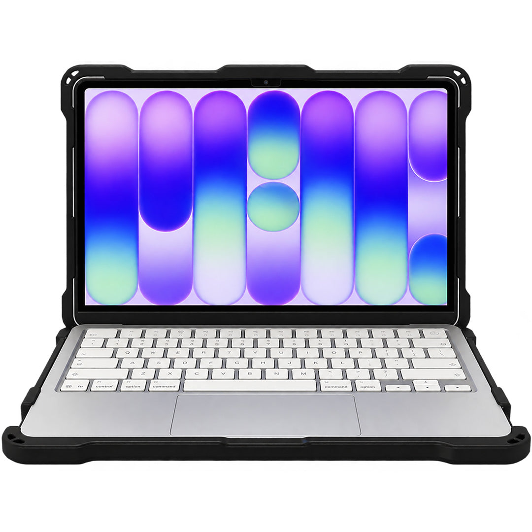 MacBook Neo with Hyve protective case installed, open front view with keyboard and screen fully accessible