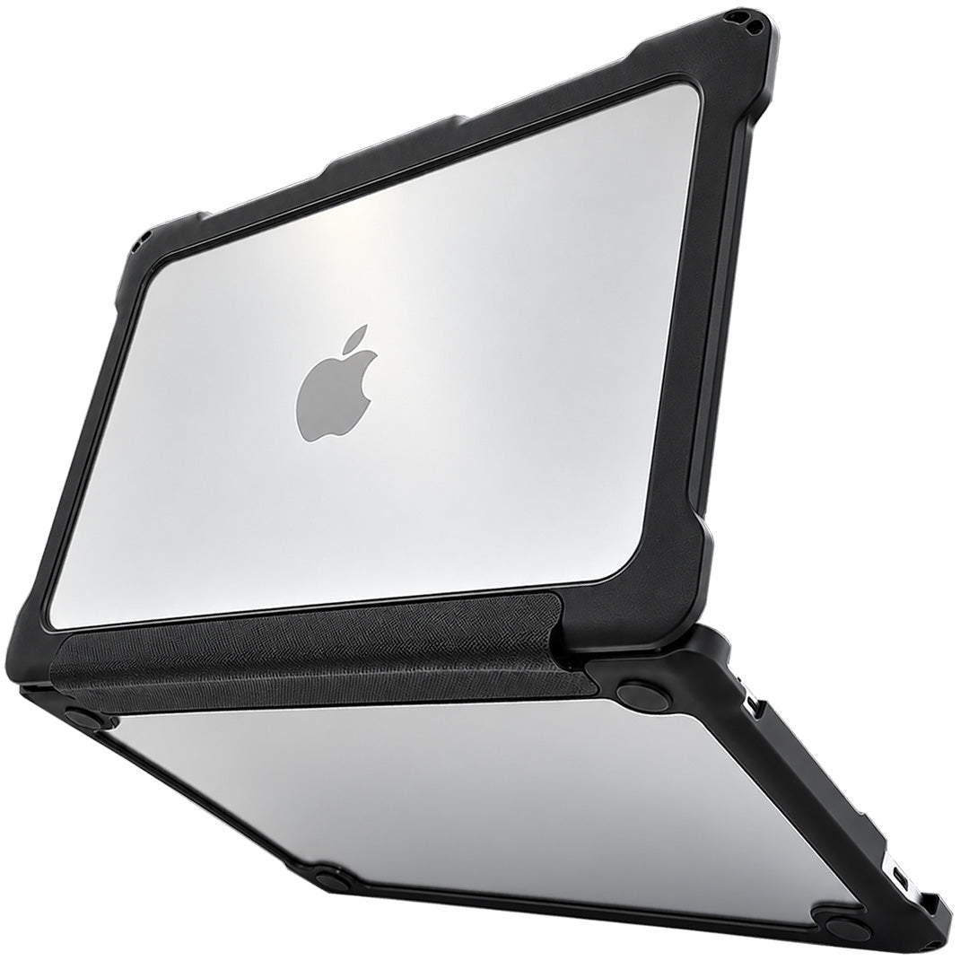 Hyve rugged MacBook Neo case in black, closed at an angle with clear hard-shell back and logo cutout

