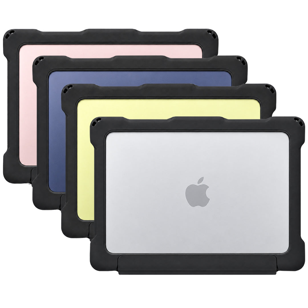 Hyve MacBook Neo cases in five colors — pink, blue, black, yellow and clear — stacked and fanned out