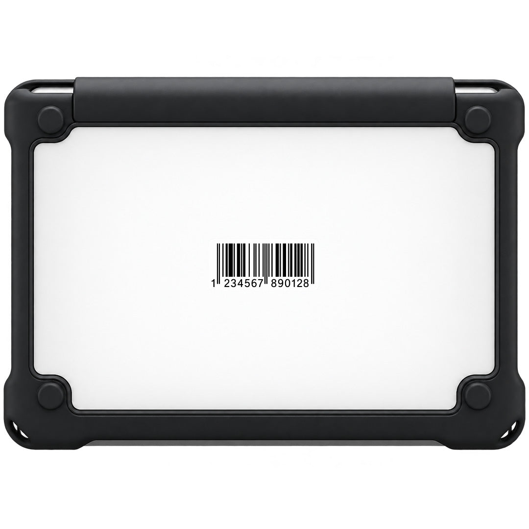 Bottom of Hyve MacBook Neo case showing the clear asset-tag and barcode label window for school inventory