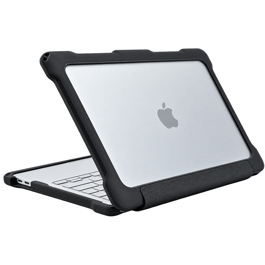 MacBook Neo in a black Hyve case, rear three-quarter view showing raised corner bumpers and clear top shell
