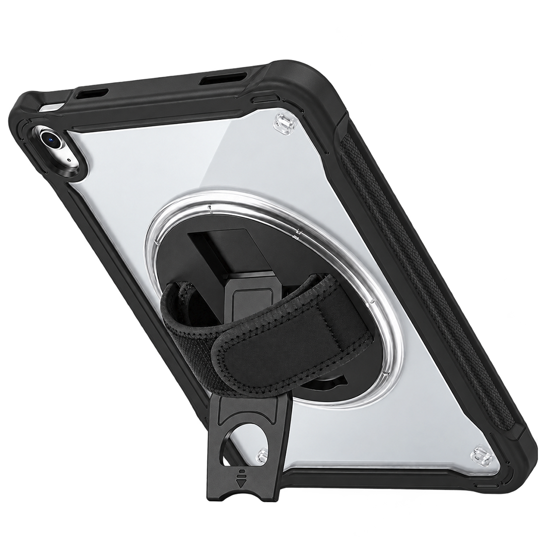 A black protective iPad case with a clear back panel, a built-in circular ring, and a black adjustable strap, shown on a white background.