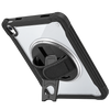 A black protective iPad case with a clear back panel, a built-in circular ring, and a black adjustable strap, shown on a white background.