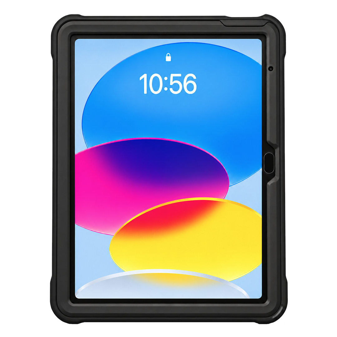 A black rugged protective tablet case shown on a tablet device, isolated against a solid white background. The tablet screen displays a colorful lock screen with blue, pink, purple, and yellow abstract shapes.