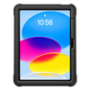 A black rugged protective tablet case shown on a tablet device, isolated against a solid white background. The tablet screen displays a colorful lock screen with blue, pink, purple, and yellow abstract shapes.