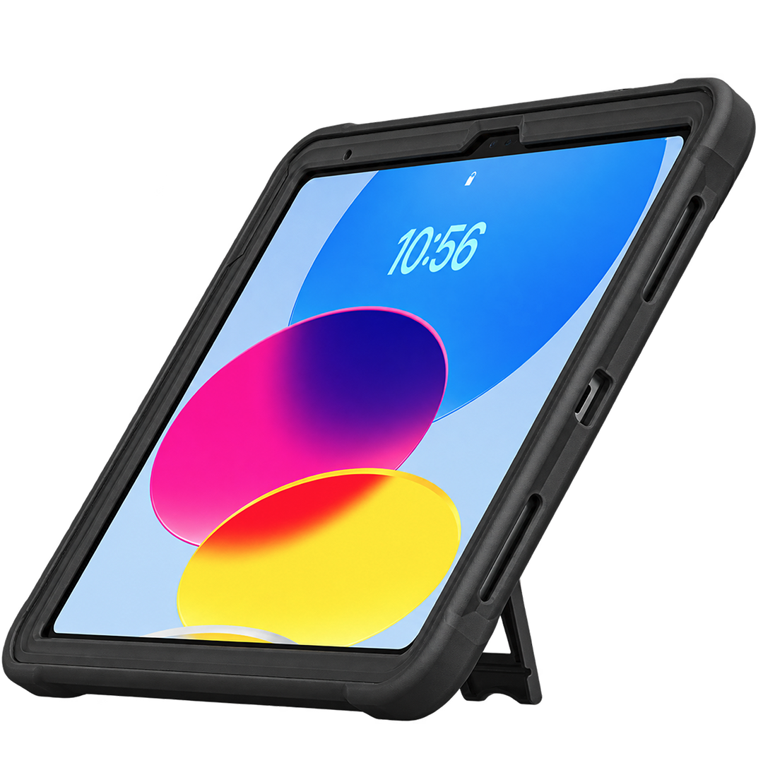 A rugged black protective tablet case with a built-in kickstand, shown holding a tablet with a colorful screen on a plain white background.