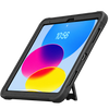 A rugged black protective tablet case with a built-in kickstand, shown holding a tablet with a colorful screen on a plain white background.