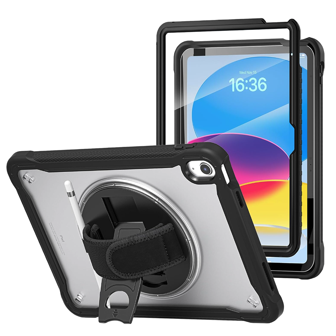 A rugged black protective tablet case with a built-in screen protector, rear stand, and wrist strap, shown from both front and back angles on a white background.