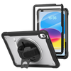 A rugged black protective tablet case with a built-in screen protector, rear stand, and wrist strap, shown from both front and back angles on a white background.