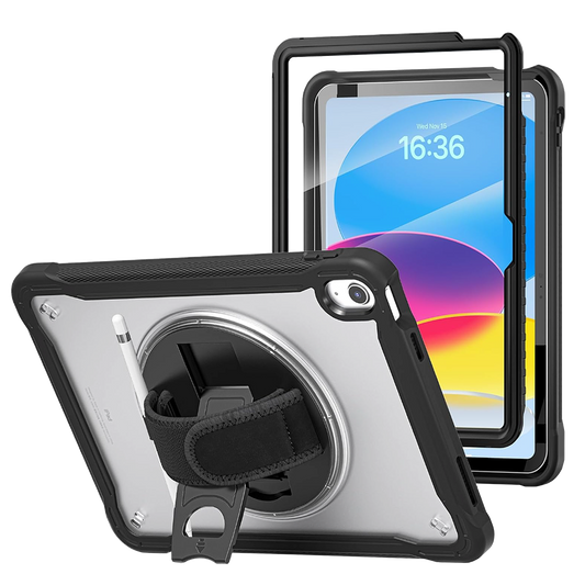 A rugged black protective tablet case with a built-in screen protector, rear stand, and wrist strap, shown from both front and back angles on a white background.