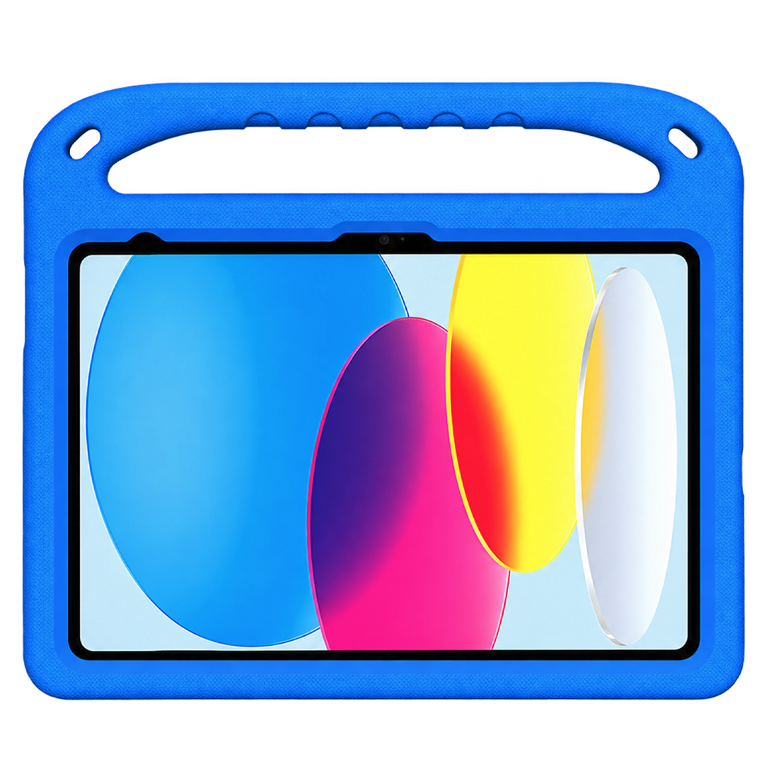 A blue protective tablet case with a built-in carrying handle, shown on a plain white background. The tablet screen is active with a colorful abstract wallpaper.