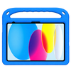 A blue protective tablet case with a built-in carrying handle, shown on a plain white background. The tablet screen is active with a colorful abstract wallpaper.
