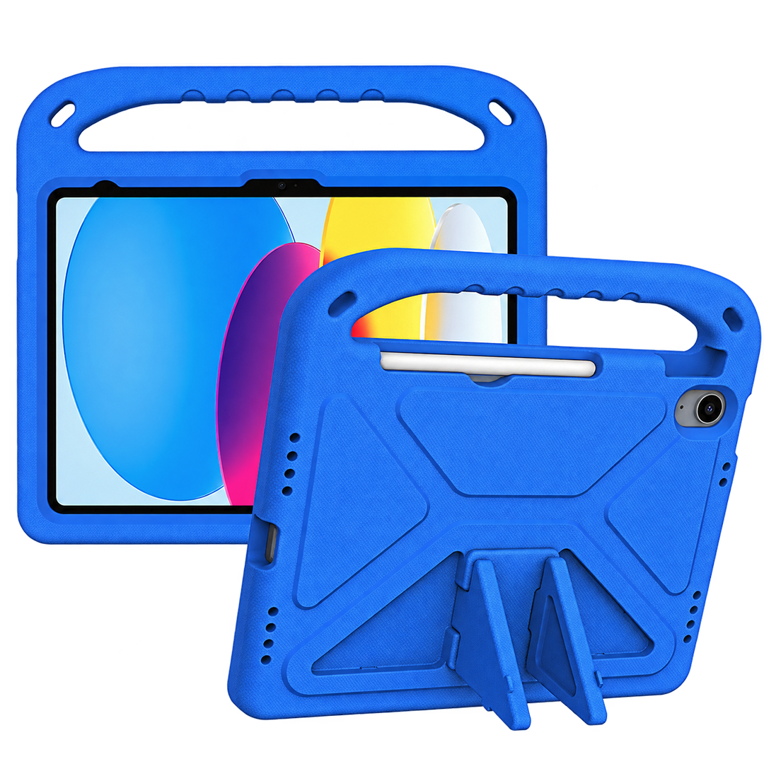 Blue protective iPad case shown from the front and back, with a built-in handle and kickstand, on a plain white background.