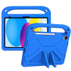 Blue protective iPad case shown from the front and back, with a built-in handle and kickstand, on a plain white background.