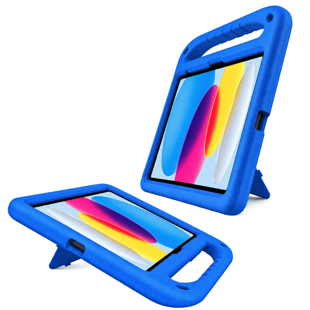 A blue protective tablet case shown from two angles on a plain white background, with a tablet inserted in each case. The case has a thick shockproof frame, built-in handle, and fold-out stand.