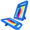 A blue protective tablet case shown from two angles on a plain white background, with a tablet inserted in each case. The case has a thick shockproof frame, built-in handle, and fold-out stand.
