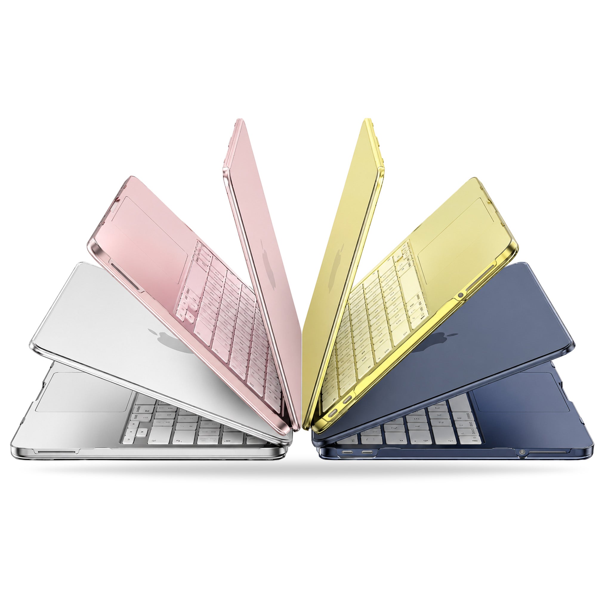 Four slim protective laptop skin cases shown on closed laptops, arranged in a fan shape on a white background. The cases come in silver, rose gold, yellow, and navy blue, with the laptop keyboards and screens visible through the transparent cases.
