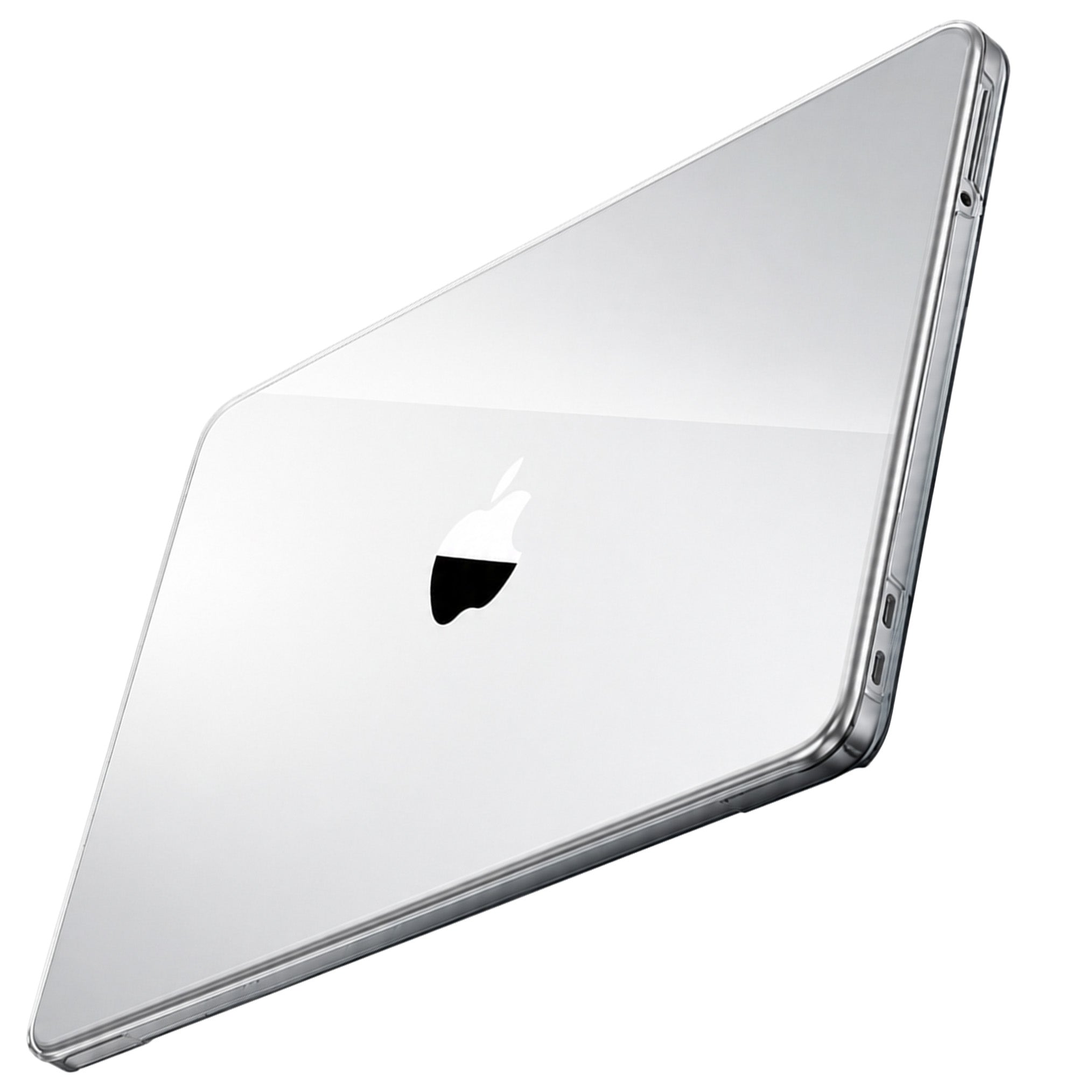 A clear, transparent protective skin or cover applied to the back of a silver Apple laptop, shown from an angled top-down view on a white background.