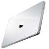 A clear, transparent protective skin or cover applied to the back of a silver Apple laptop, shown from an angled top-down view on a white background.