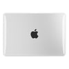 A silver Apple laptop, shown closed from the top-down view, featuring the iconic black Apple logo in the center against a clean white background.