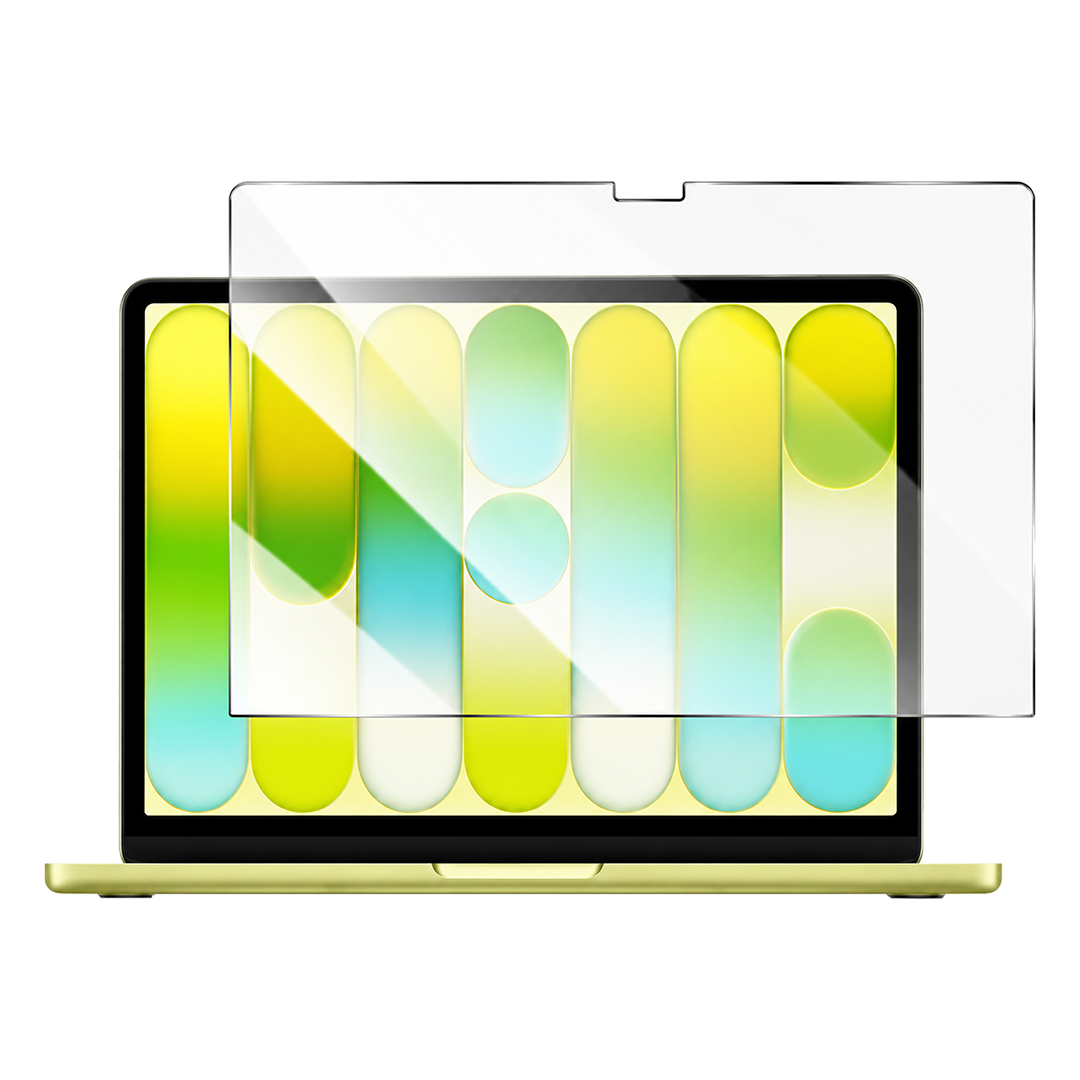 Tempered glass screen protector for MacBook Neo shown floating in front of an open laptop with a bright green and yellow display, with a camera notch cutout at the top edge.