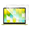 Tempered glass screen protector for MacBook Neo shown floating in front of an open laptop with a bright green and yellow display, with a camera notch cutout at the top edge.