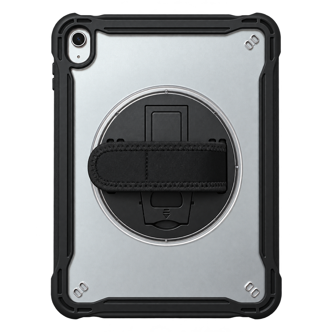 A rugged protective tablet case with a metallic silver backplate, black shock-absorbing bumper frame, and a central circular black stand with a black fabric wrist strap, shown on a plain white background.