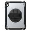 A rugged protective tablet case with a metallic silver backplate, black shock-absorbing bumper frame, and a central circular black stand with a black fabric wrist strap, shown on a plain white background.